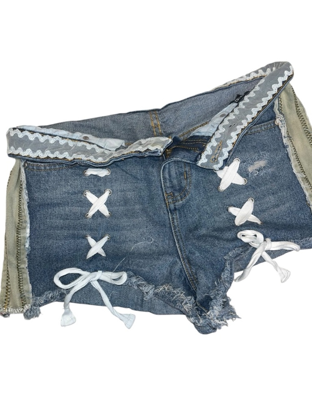 POL Denim Lace-Up Distressed Jean Shorts Size M Y2K Festival Boho - Picture 7 of 8
